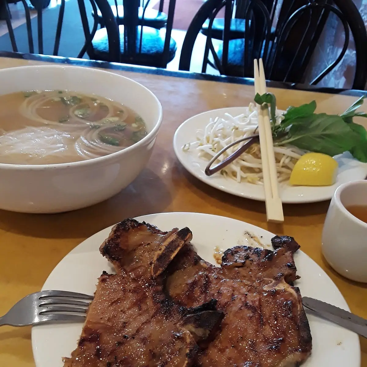 Grilled Pork Chops and Rice Noodle Soup