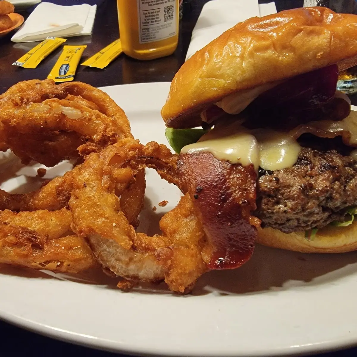 Guinness Burger and Onion Rings