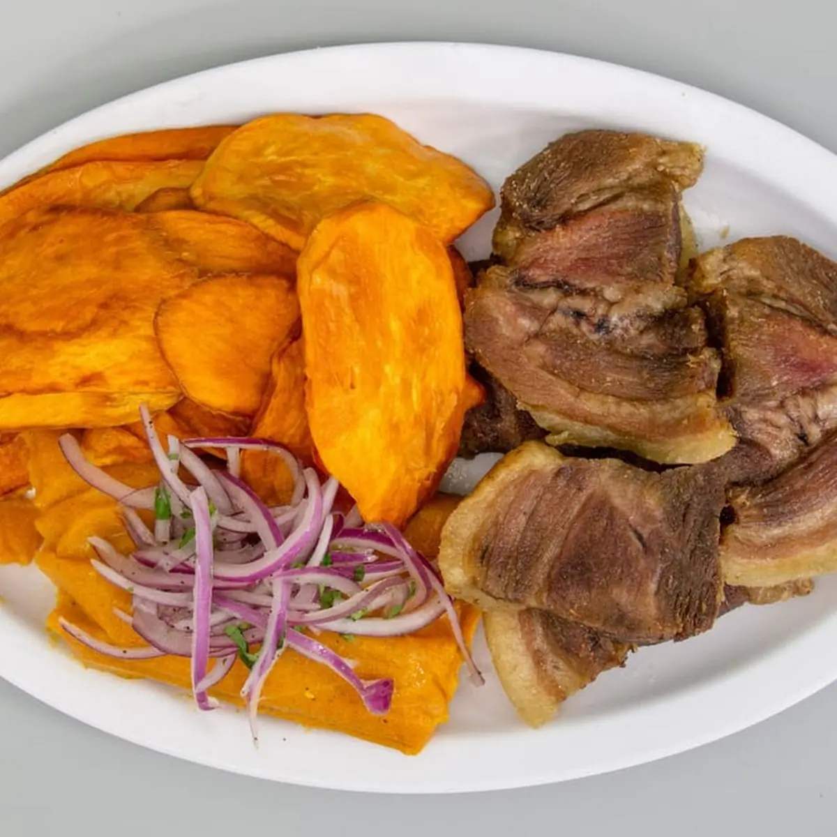 Fried Pork with Sweet Potato Chips