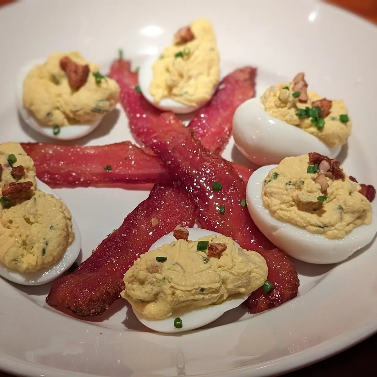 Deviled Eggs w Spiced Pecans & Sugar Cured Bacon