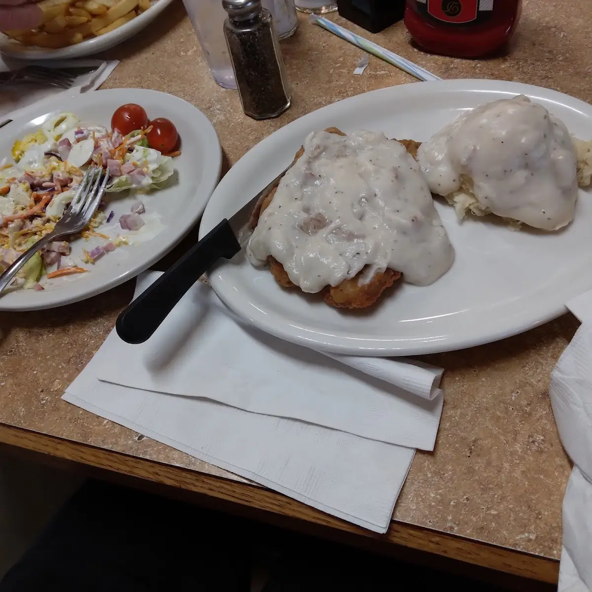 Country Fried Steak Mashed Potatoes and Side Salad