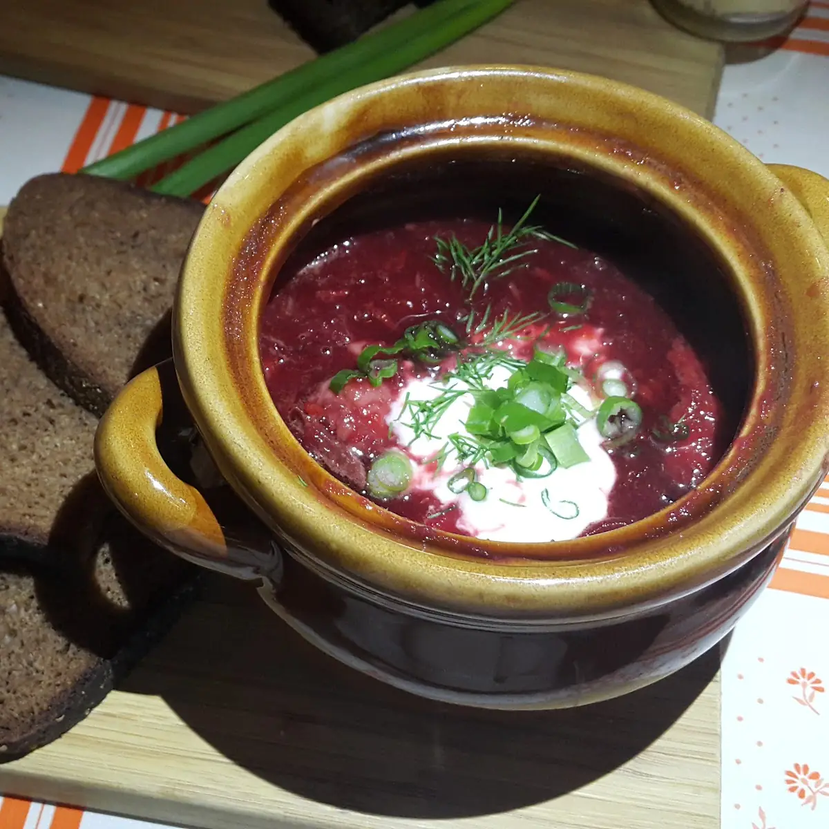 Beet Borscht and Garlic Bread