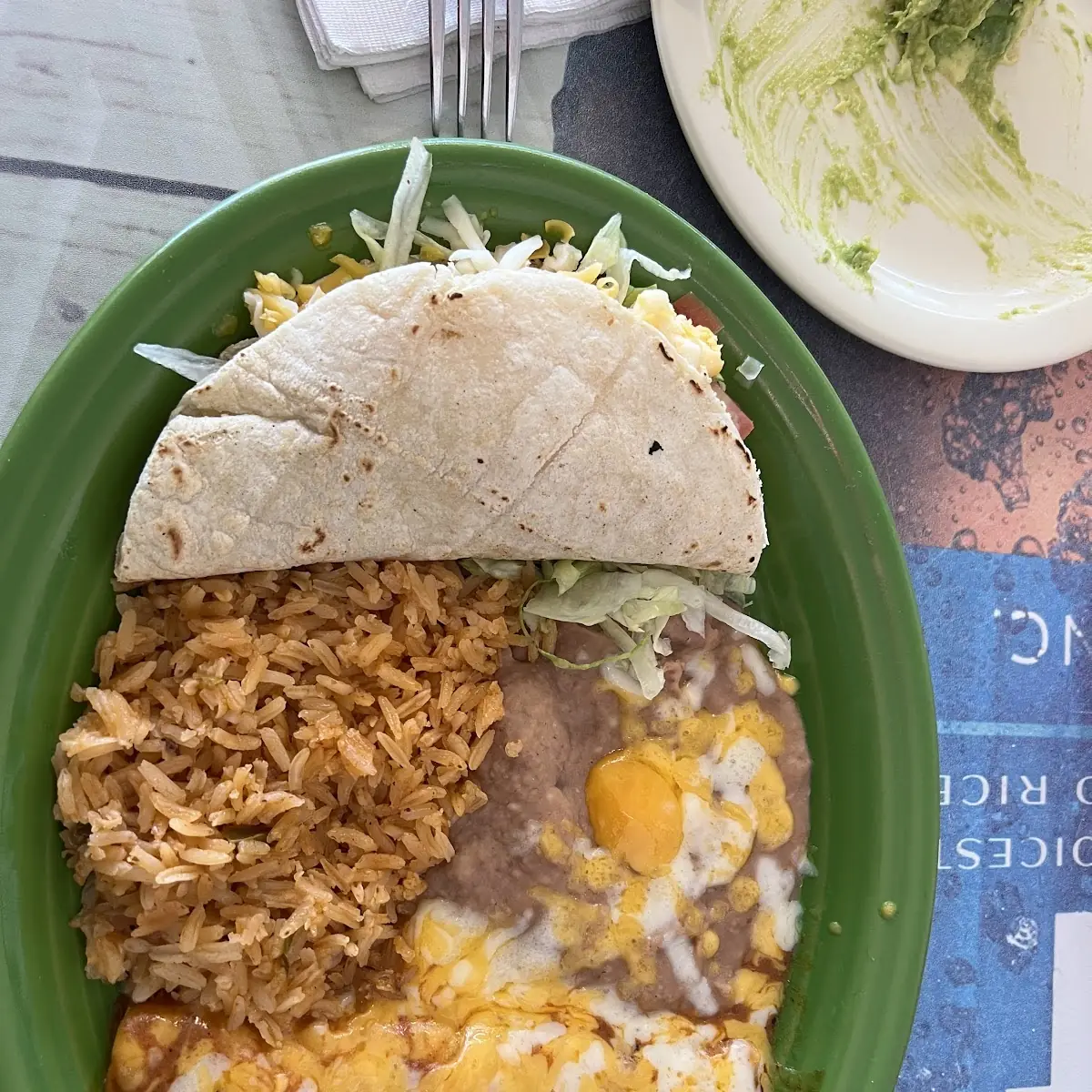 Beef Taco Cheese Enchilada with Rice and Beans