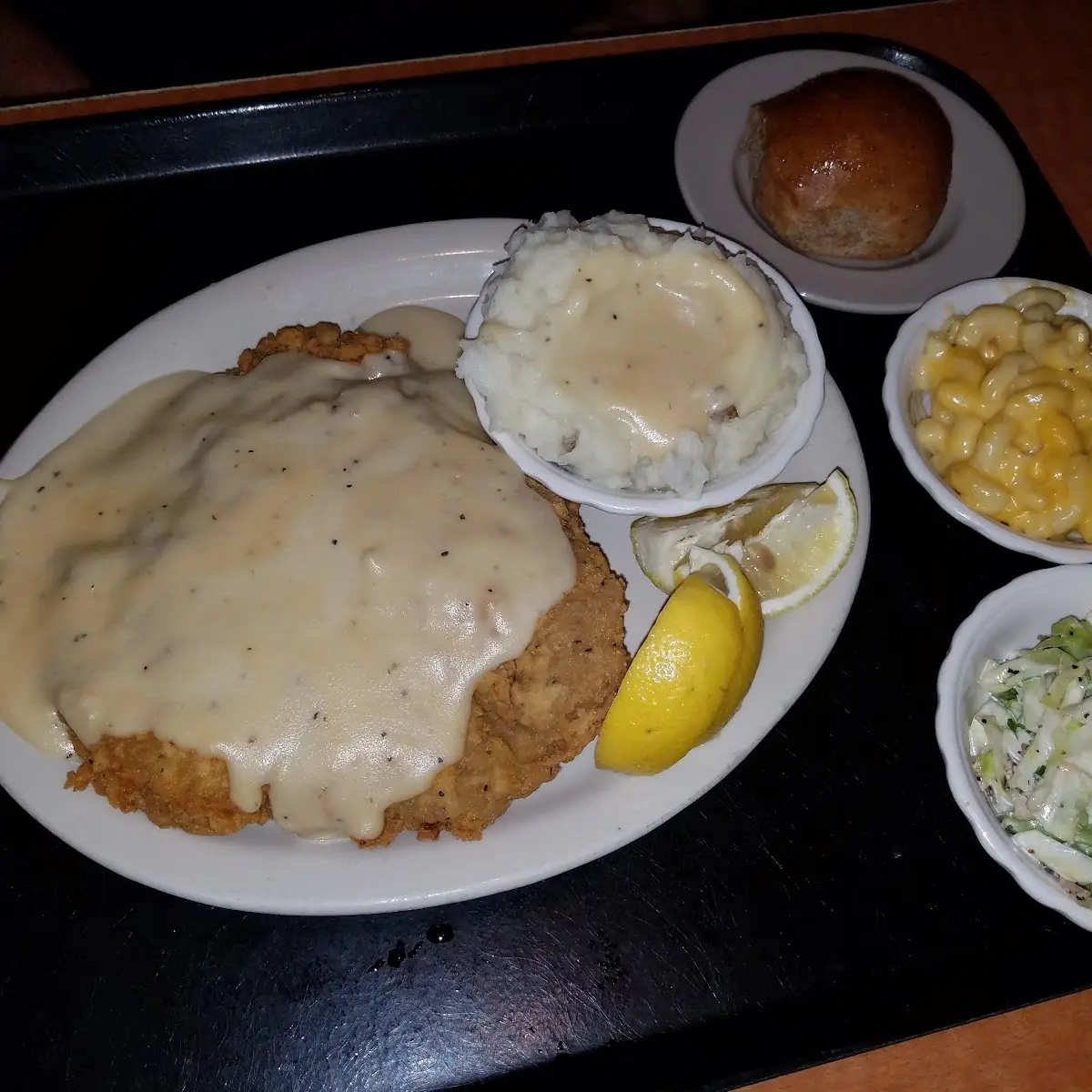 Chicken Fried Steak Mashed Potatoes & Gravy Macaroni and Cheese Cole Slaw Roll