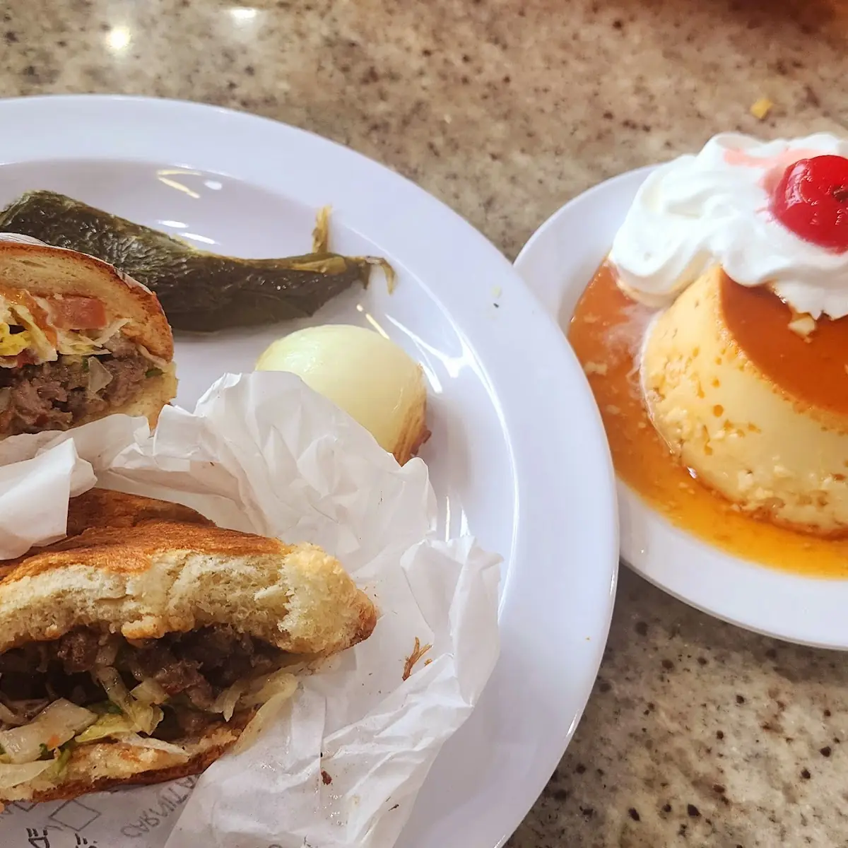 Carne Asada Torta and Flan