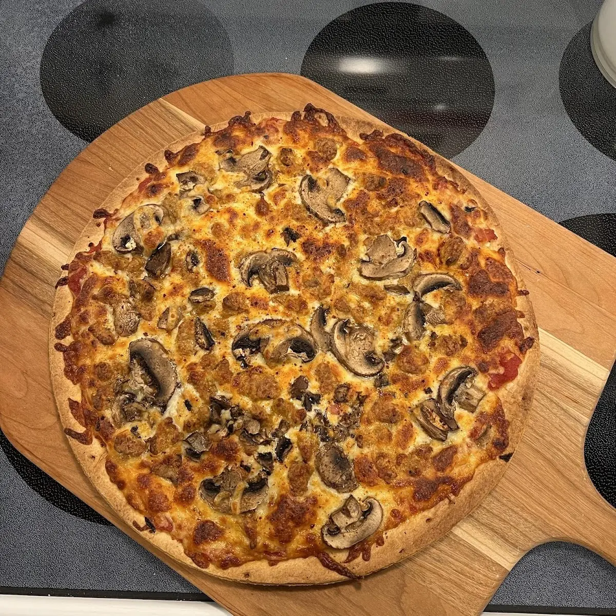 Sausage Mush on Thin Crust Cheese Pizza