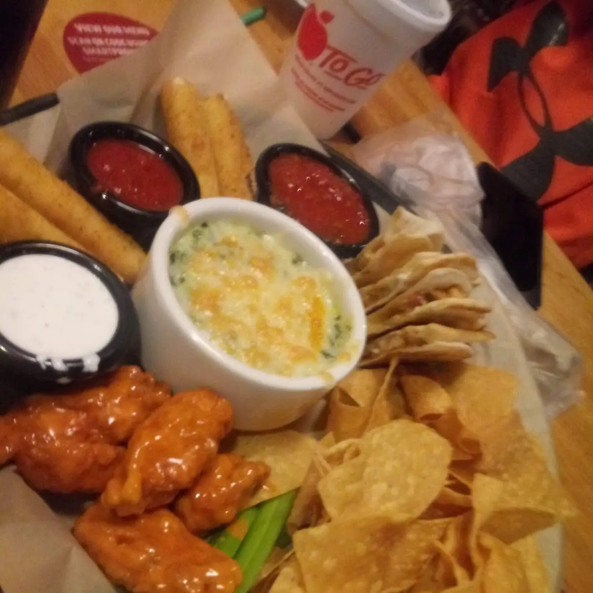 Spinach Dip Chips Chicken Quesadilla Mozzarella Sticks