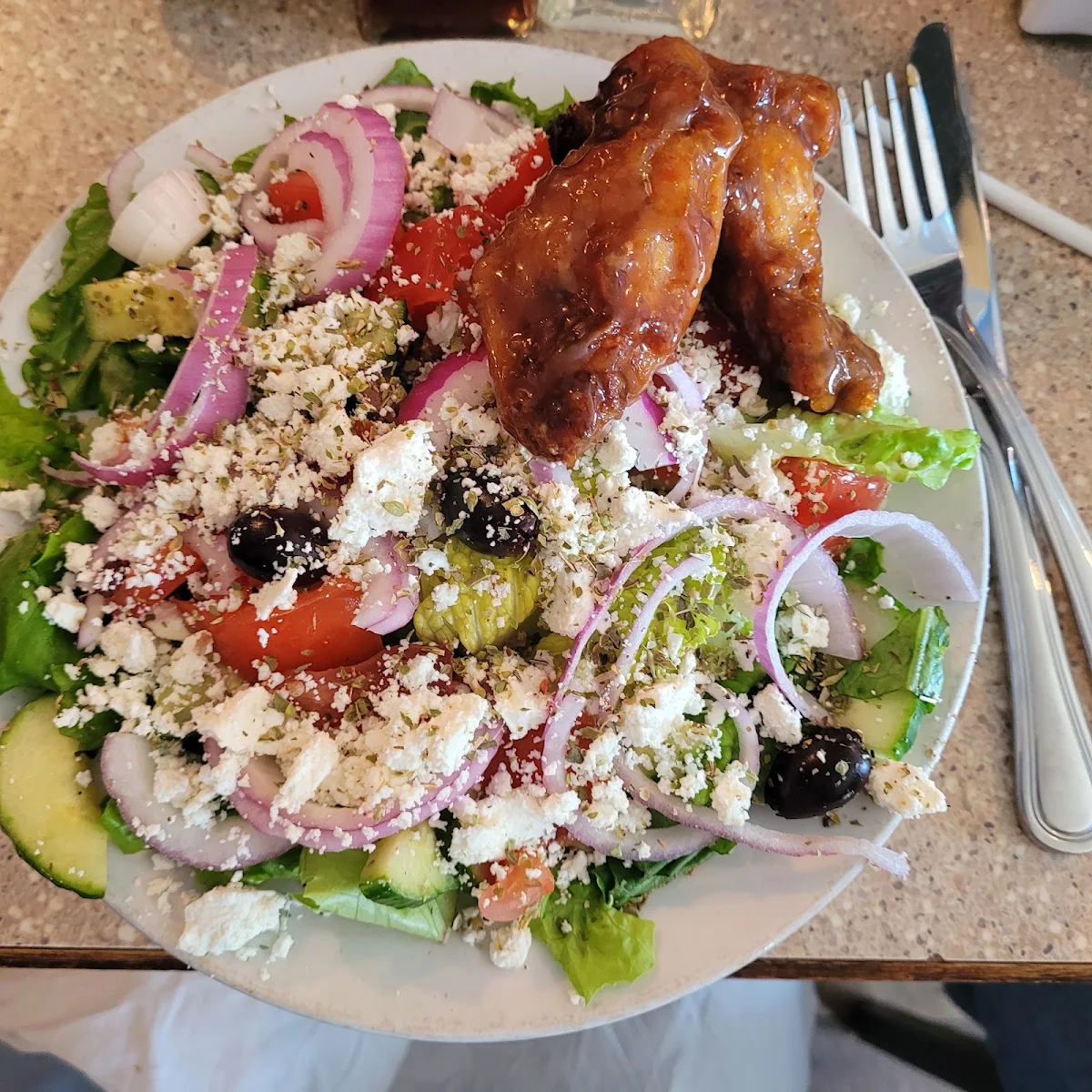 Traditional Greek Salad 2 Chicken Wings
