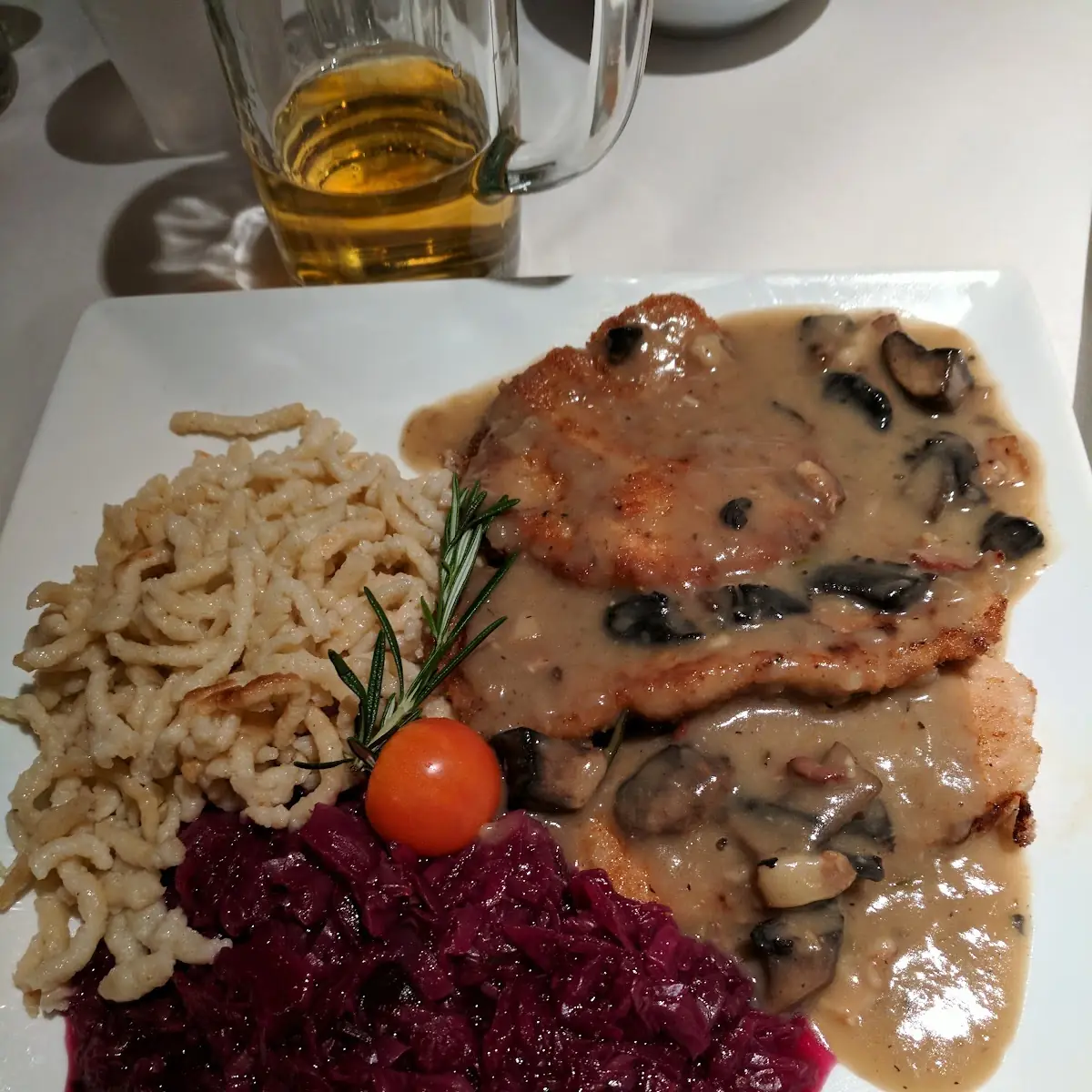 Jager Schnitzel Red Cabbage and Spetzle
