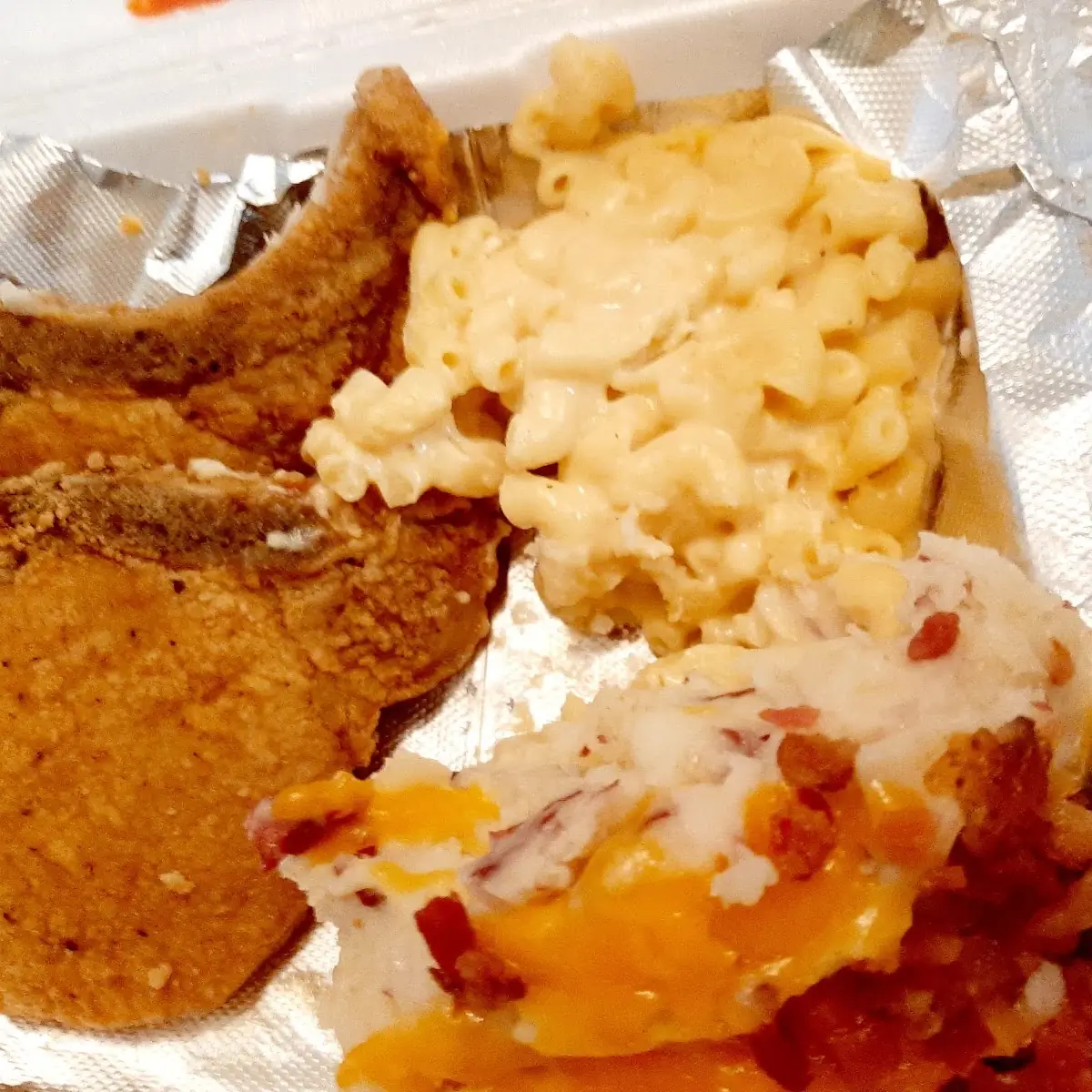 Fried Pork Chop Mac & Cheese Loaded Mashed Potatoes