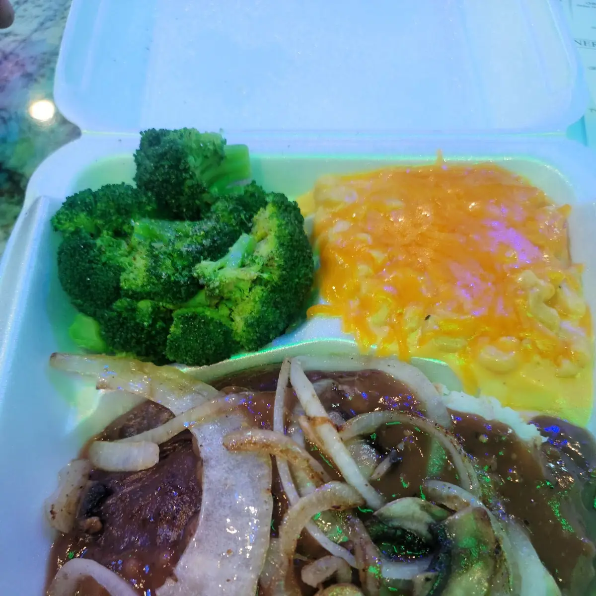 Hamburger Steak Mac and Cheese Mashed Potatoes and Gravy and Broccoli