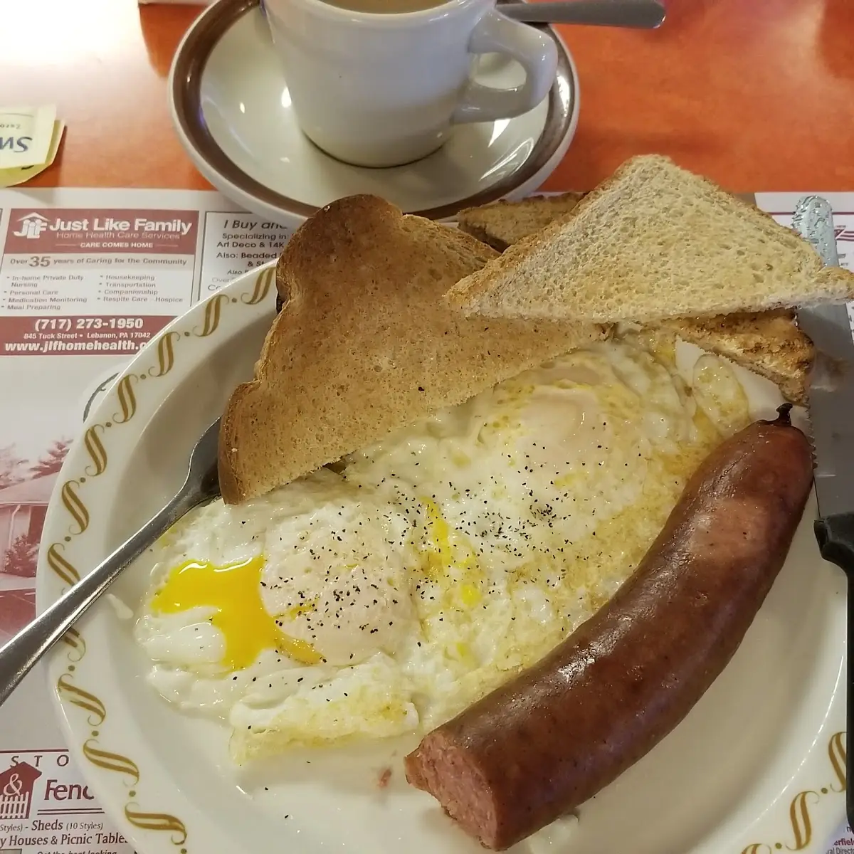 Smoked Sausage Two Eggs and Toast