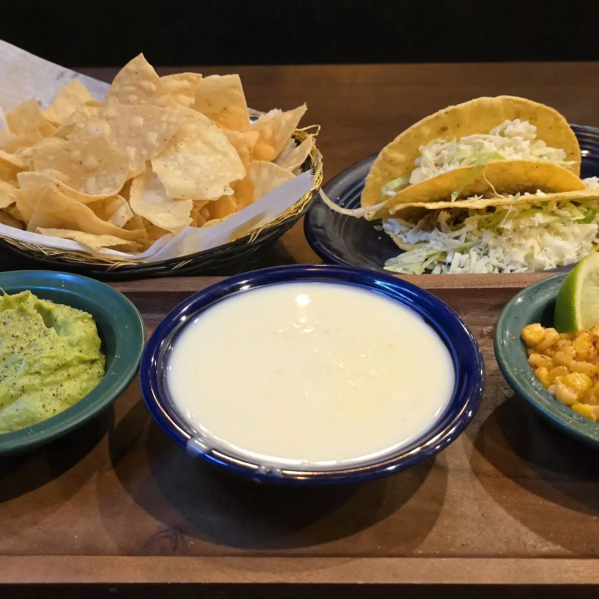 Dip Trio and Beef Tacos