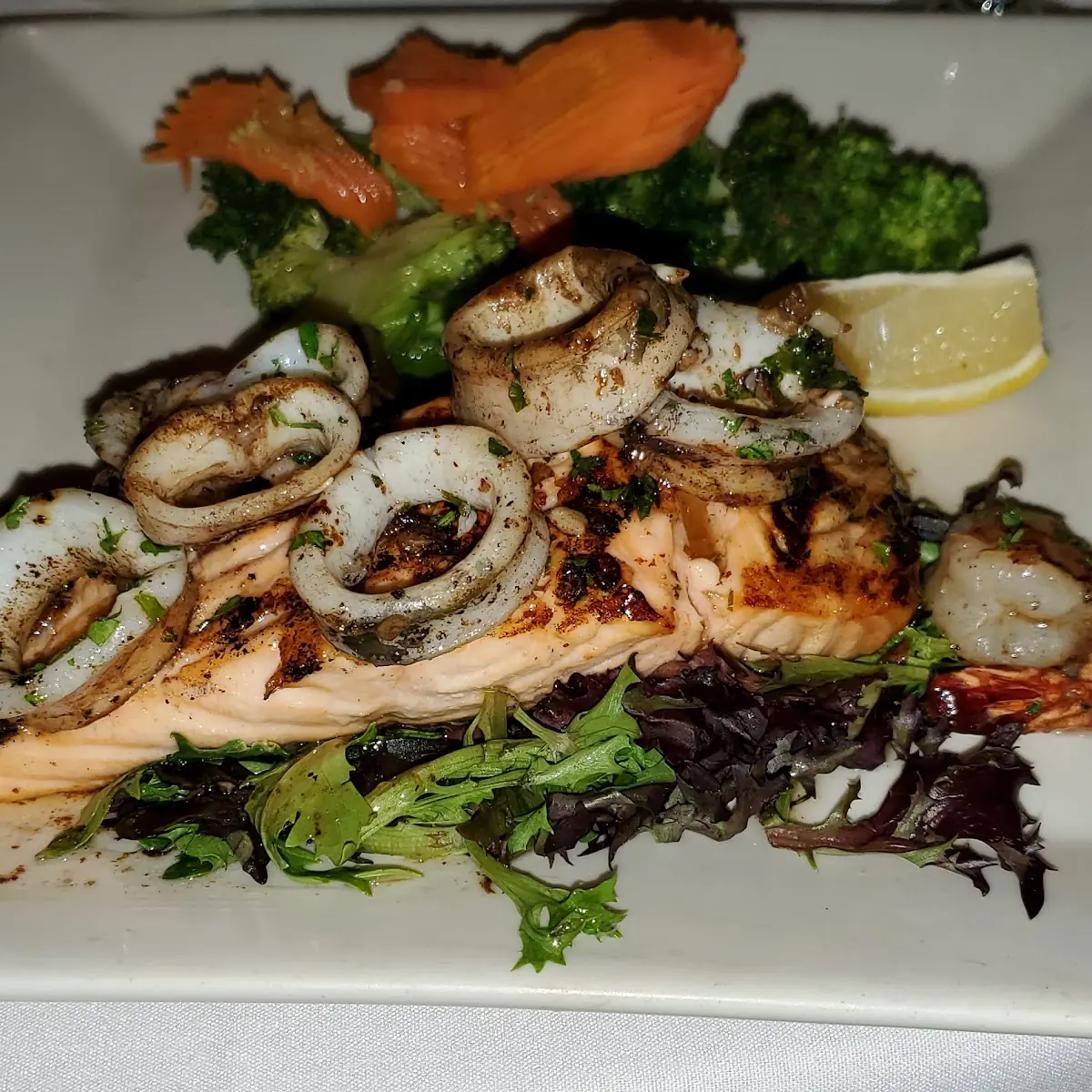 Grilled Salmon with Squid Shrimp