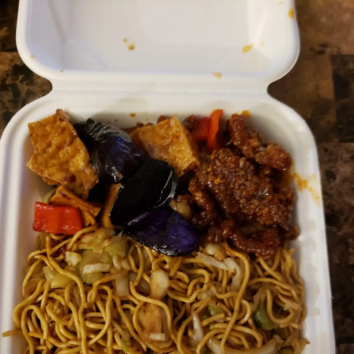 Eggplant Tofu Beijing Beef Chow Mein