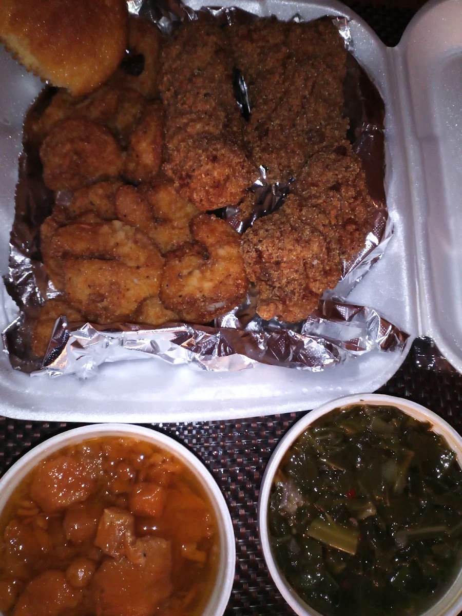 Fried Catfish and Shrimps Yums and Greens