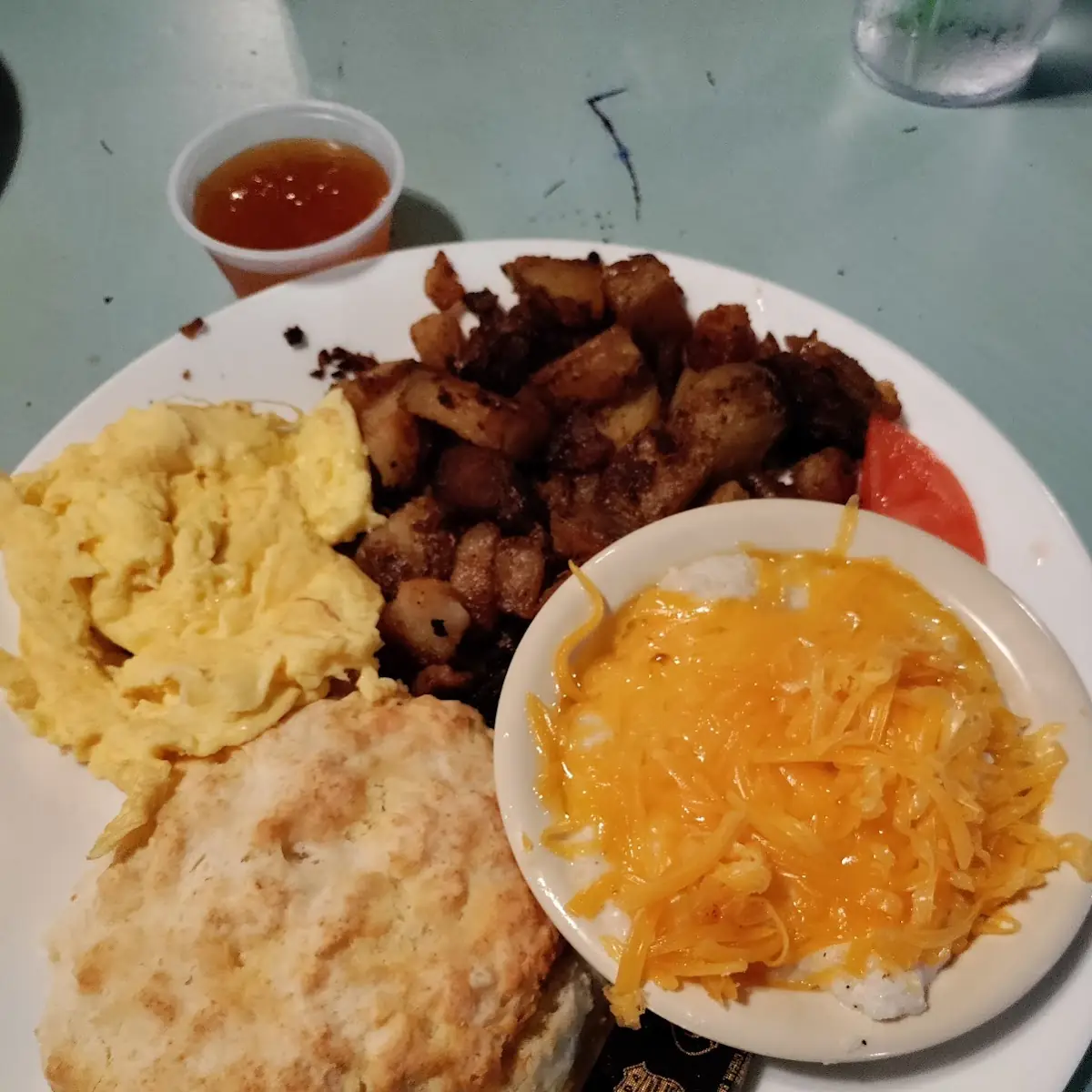Cheesy Grits Eggs Home Fries & Biscuit