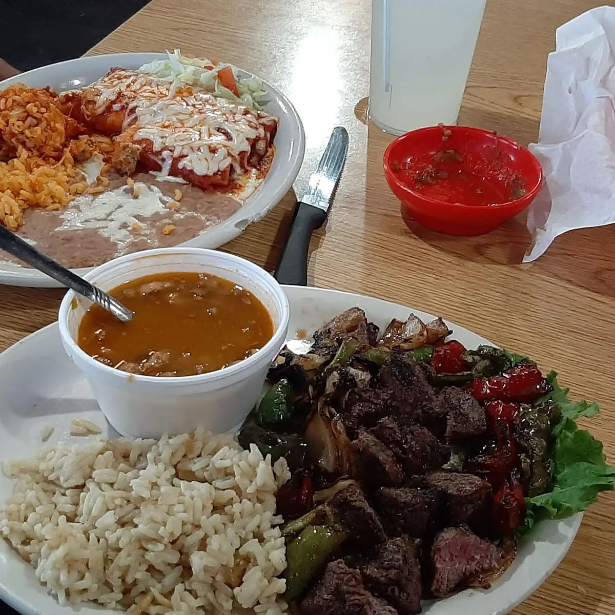 Beef Tips and Red Enchiladas