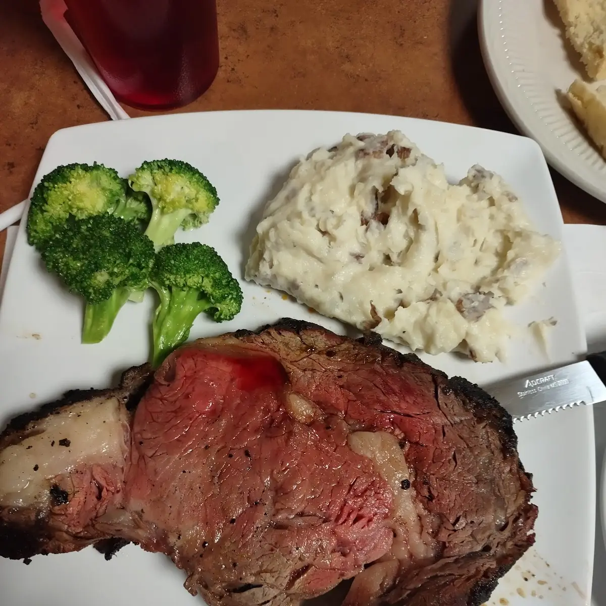 King Cut Prime Rib with Garlic Mashed Potatoes and Broccoli