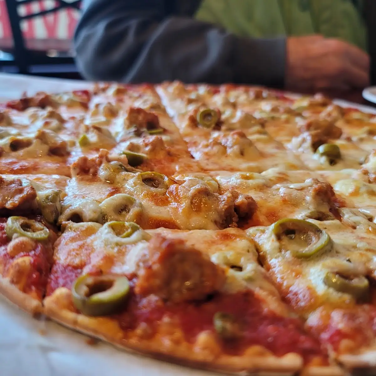 Sausage and Green Olive Pizza