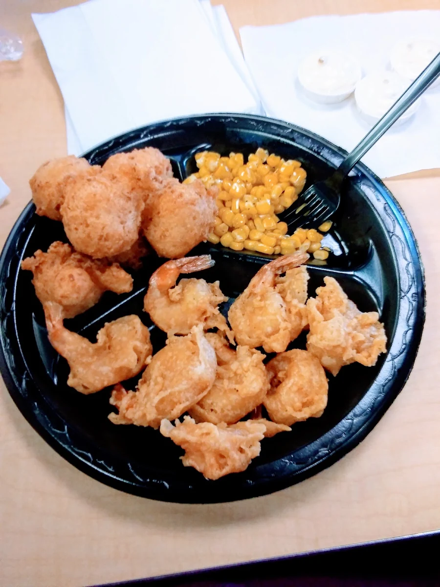 Clams and Fried Fish with Hush Puppies