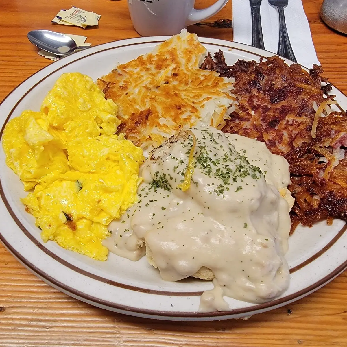 Corn Beef Hash with Scrambled Eggs and Biscuit and Gravy