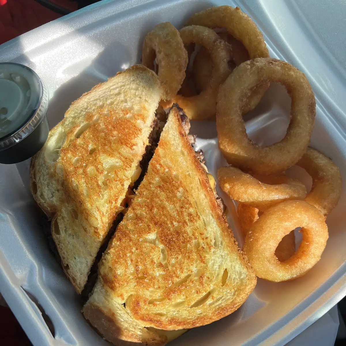 Frico Burger and Onion Rings