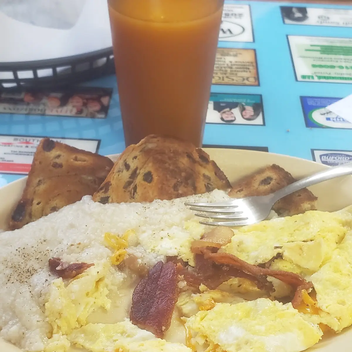 Grits Eggs Bacon and Raisin Toast