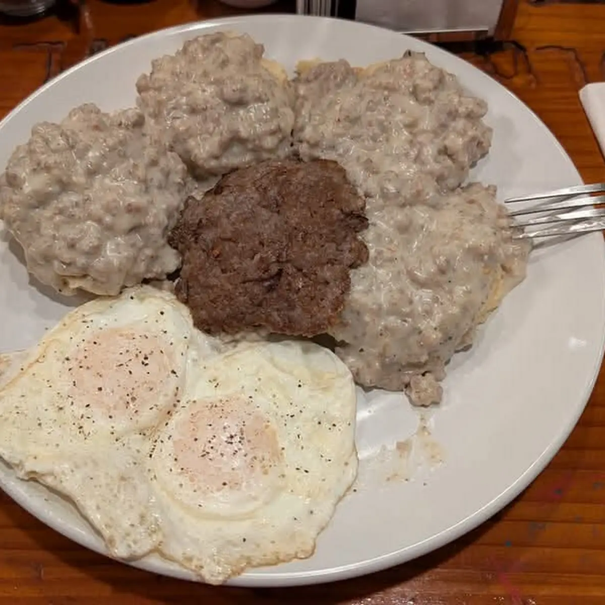 Sausage Gravy Biscuits Eggs and Sausage Patty