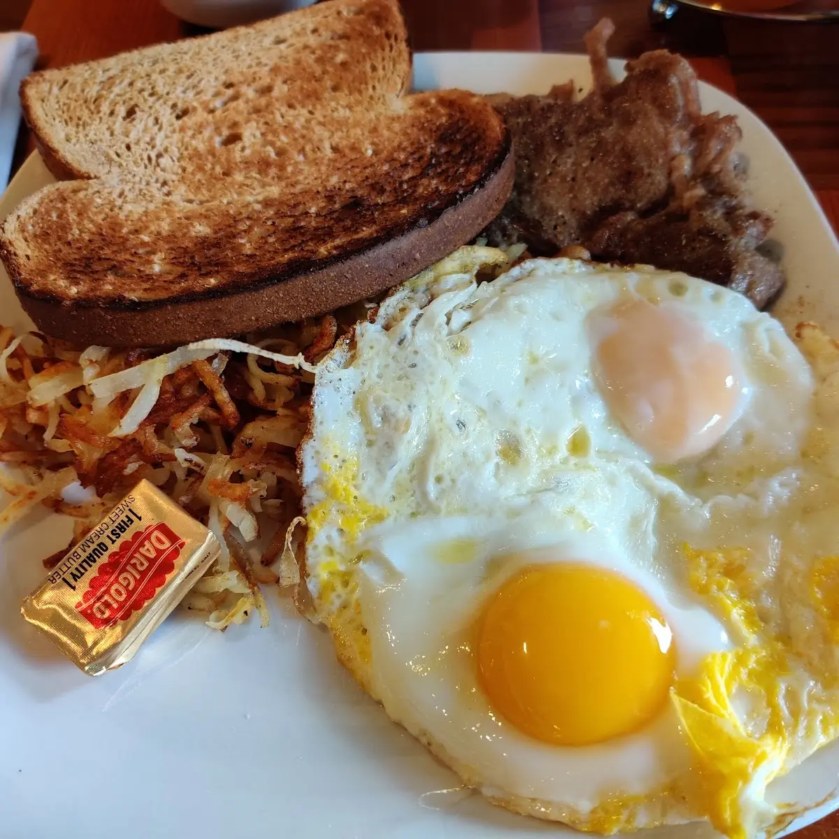 Two Egg Breakfast with Hash Browns and Toast