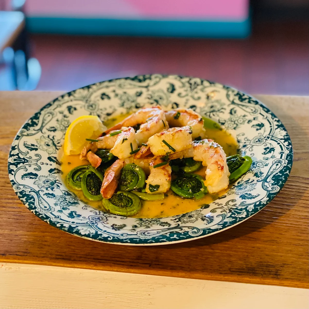 Prawns with Fiddleheads & Lovage Butter