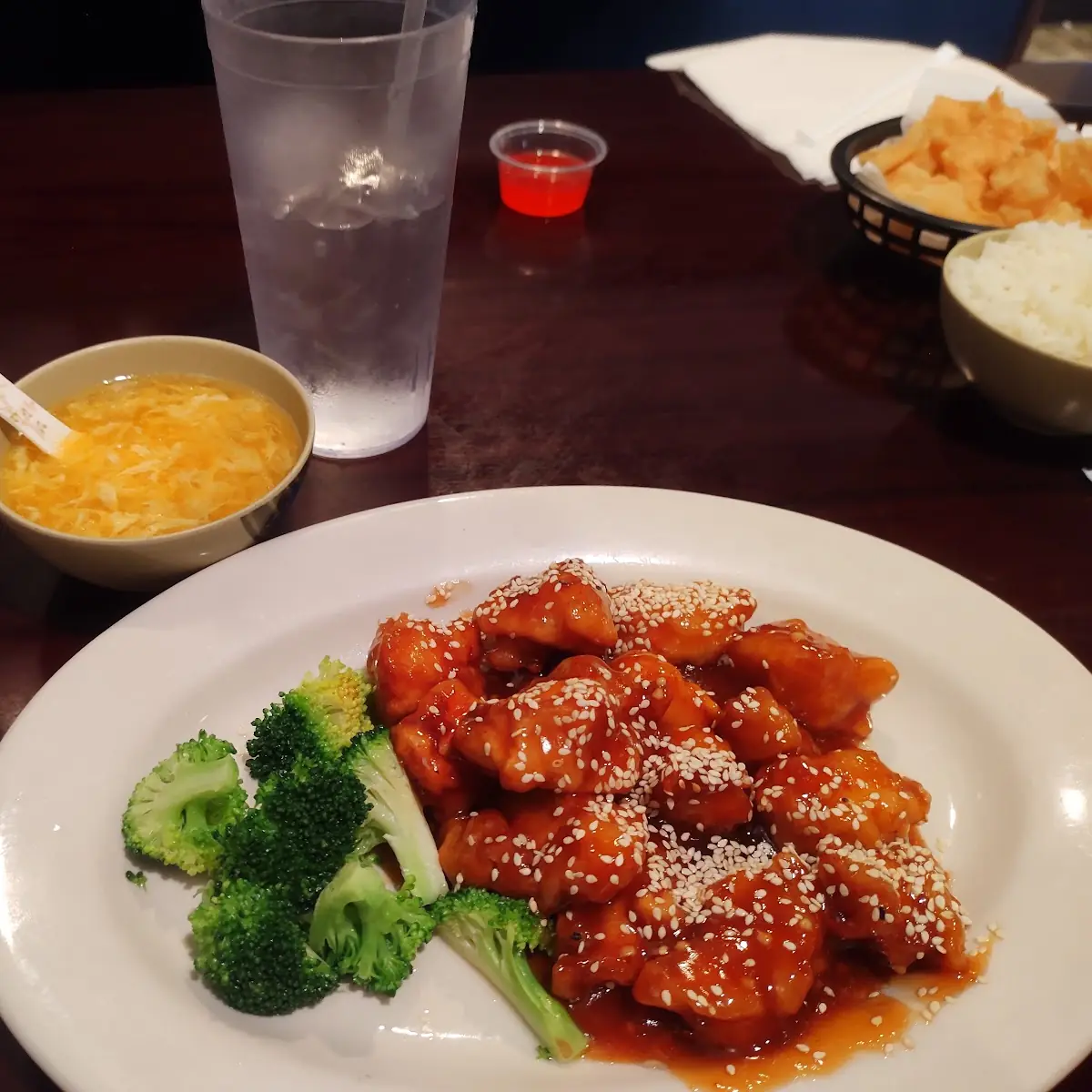 Sesame Chicken with Steamed Rice and Egg Drop Soup for a Side