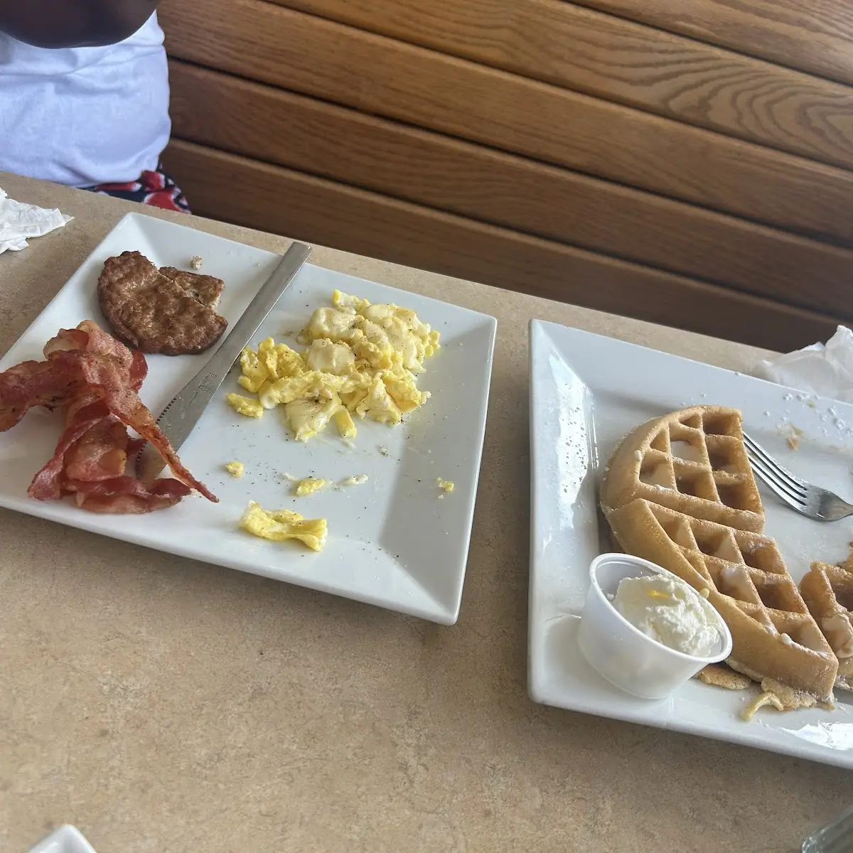 Waffle Combo with Scrambled Eggs Bacon and Sausage