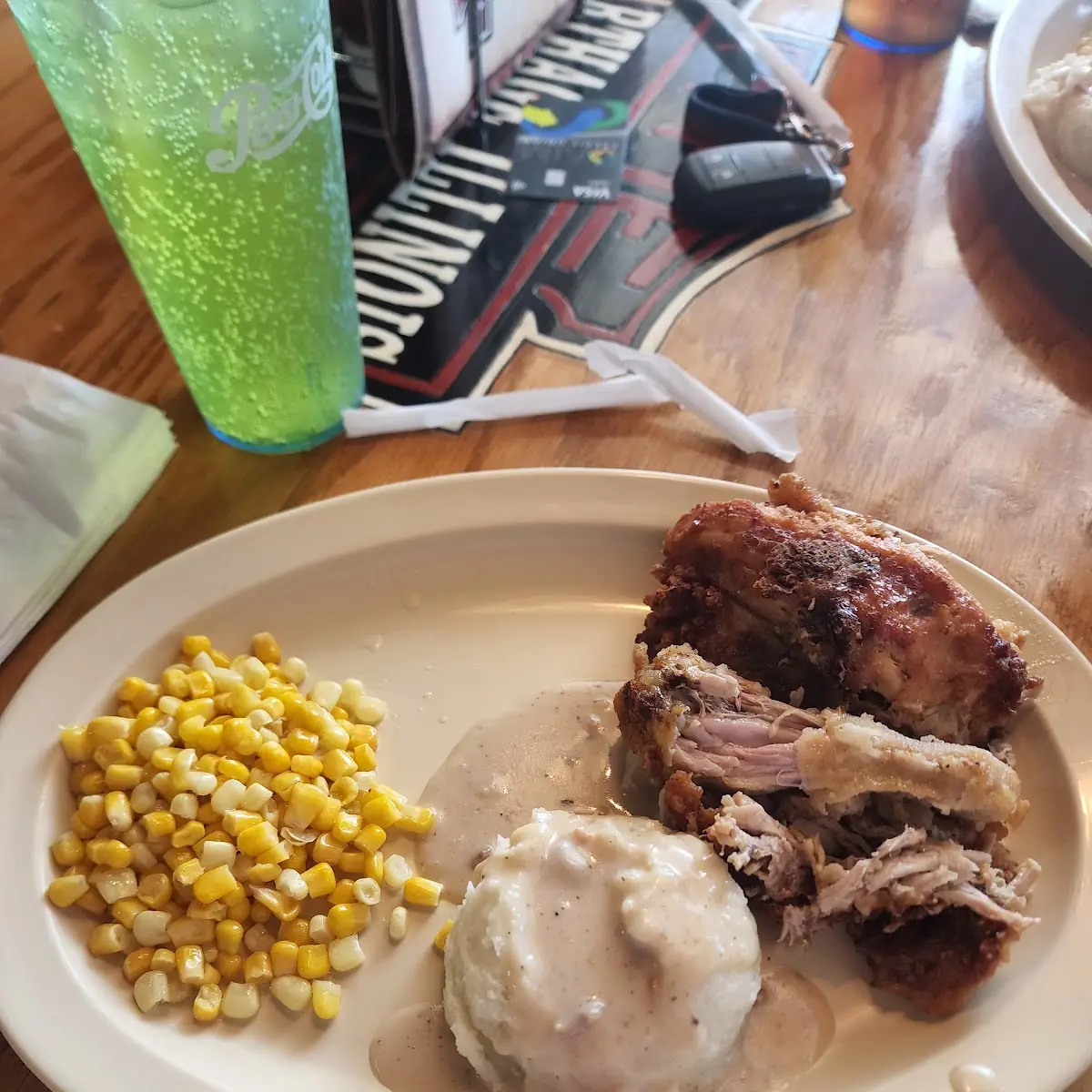 Fried Chicken Mashed Potatoes and Gravy and Corn