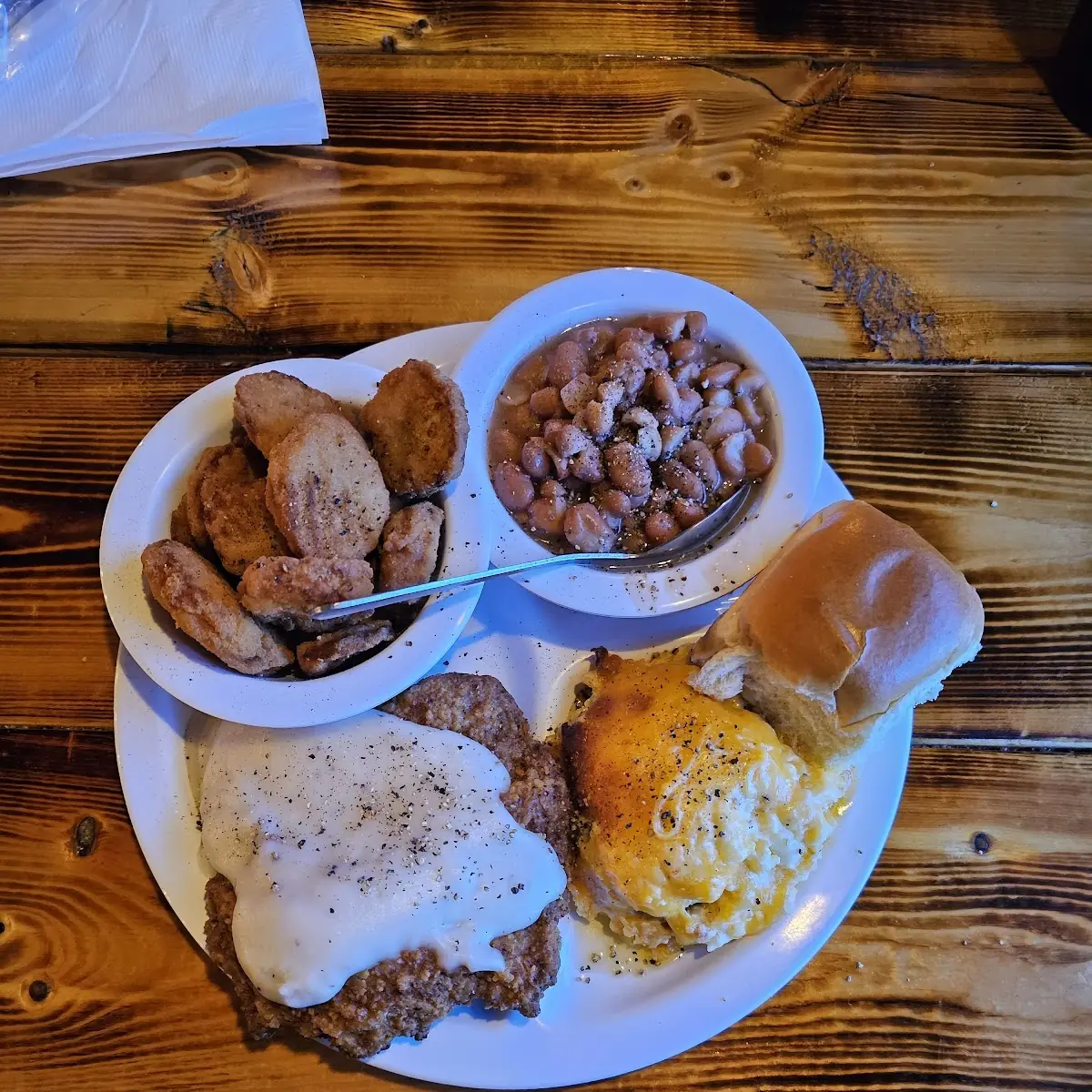 Country Fried Steak Mac N Cheese Pinto Beans and Fried Squash