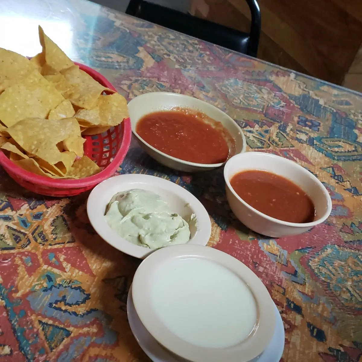 Chips and Salsa Queso Dip Guacamole Dip