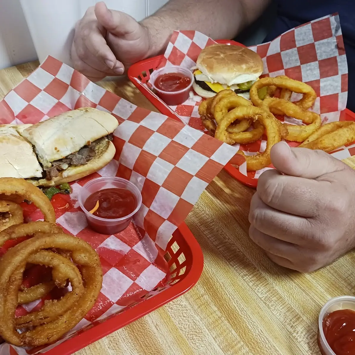 Philly Cheesesteak and Cheeseburger with Onion Rings