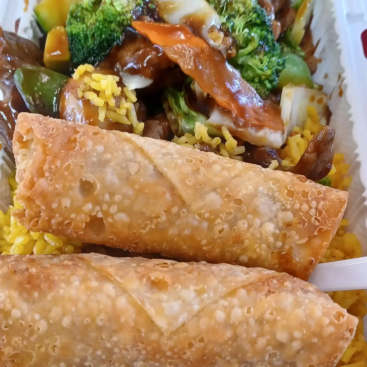 Beef with Vegetable and Fried Rice with Two Shrimp Egg Rolls