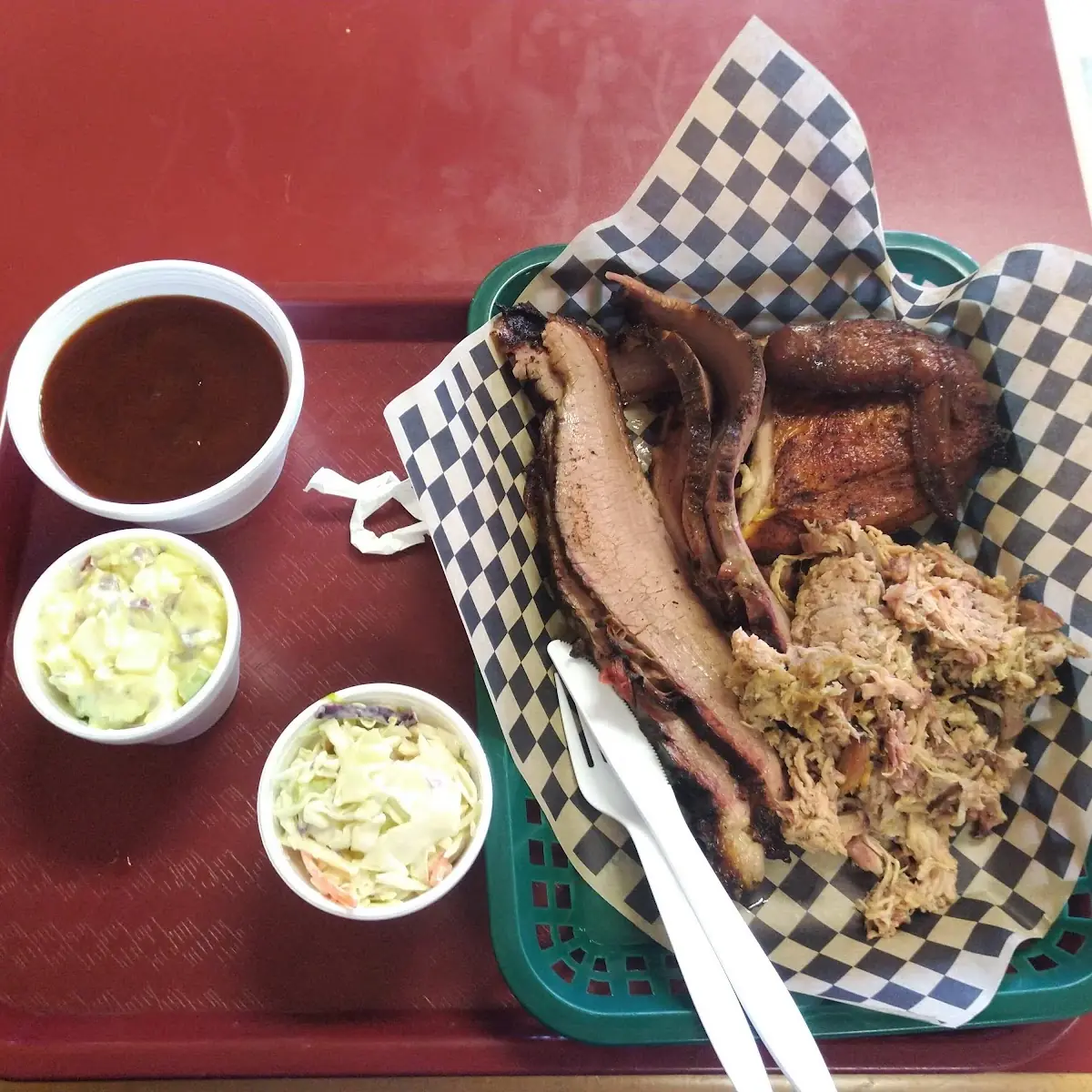 Texas Beef Brisket Carolina Pulled Pork w Baked Beans Mac & Cheese Cornbread with Pickle