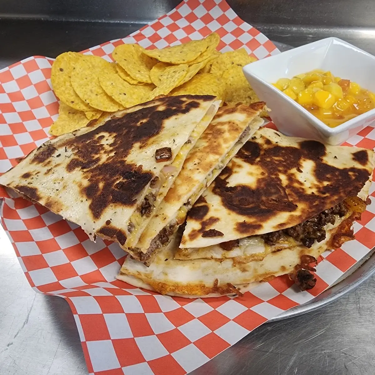 Bison Quesadilla w Chips & Salsa or Fruit Cup