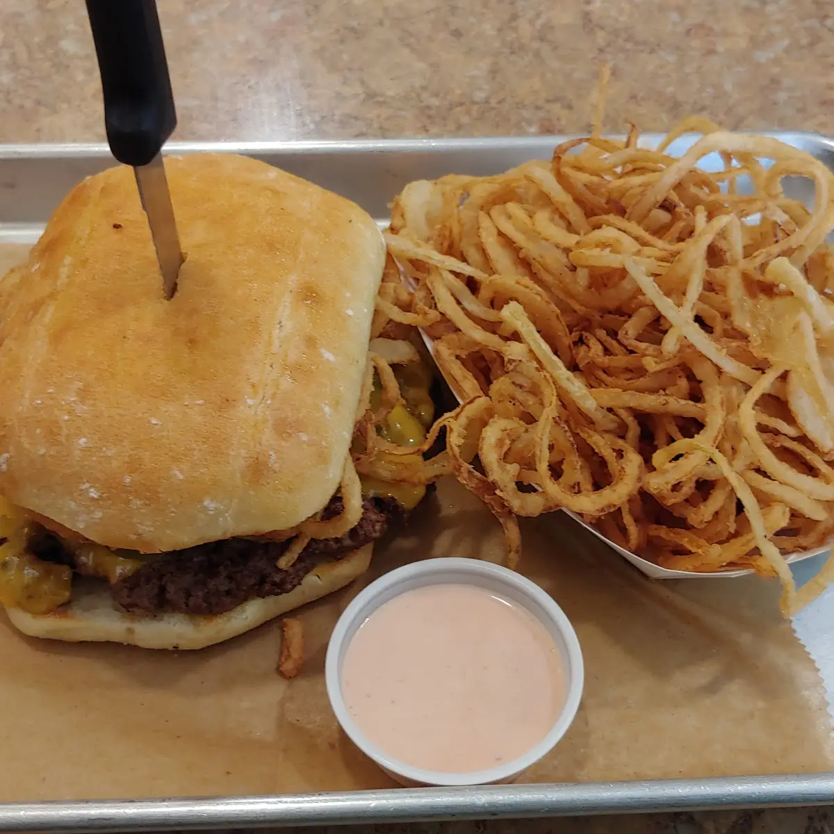 BBQ Burger and Onion Hay Stack
