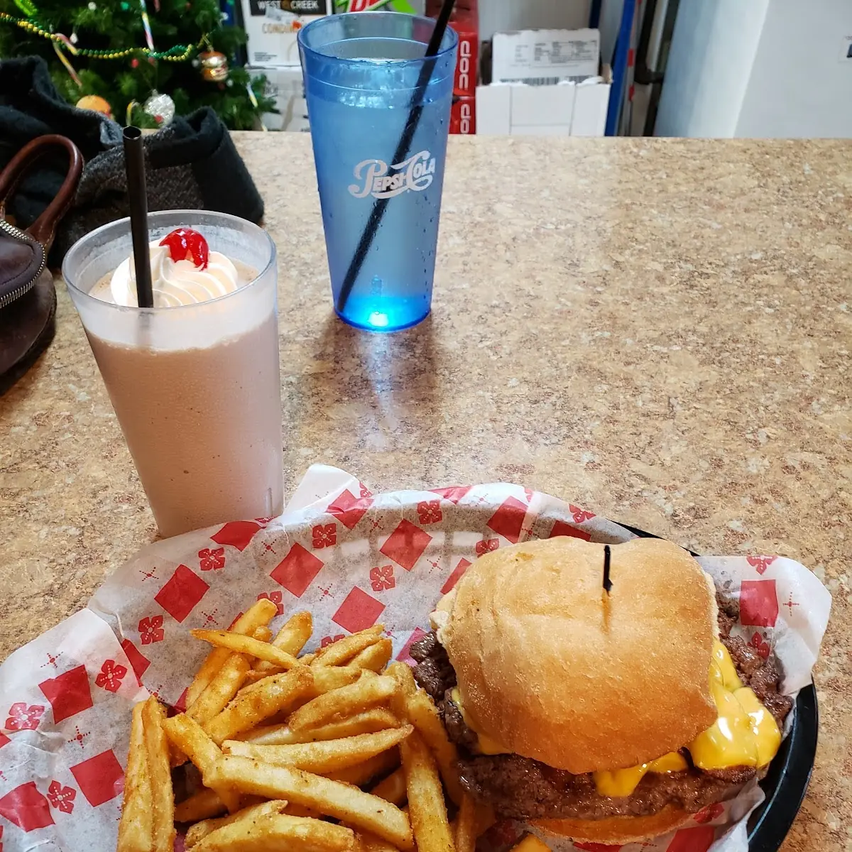 Cheeseburger and Onion Rings with a Chocolate Malt