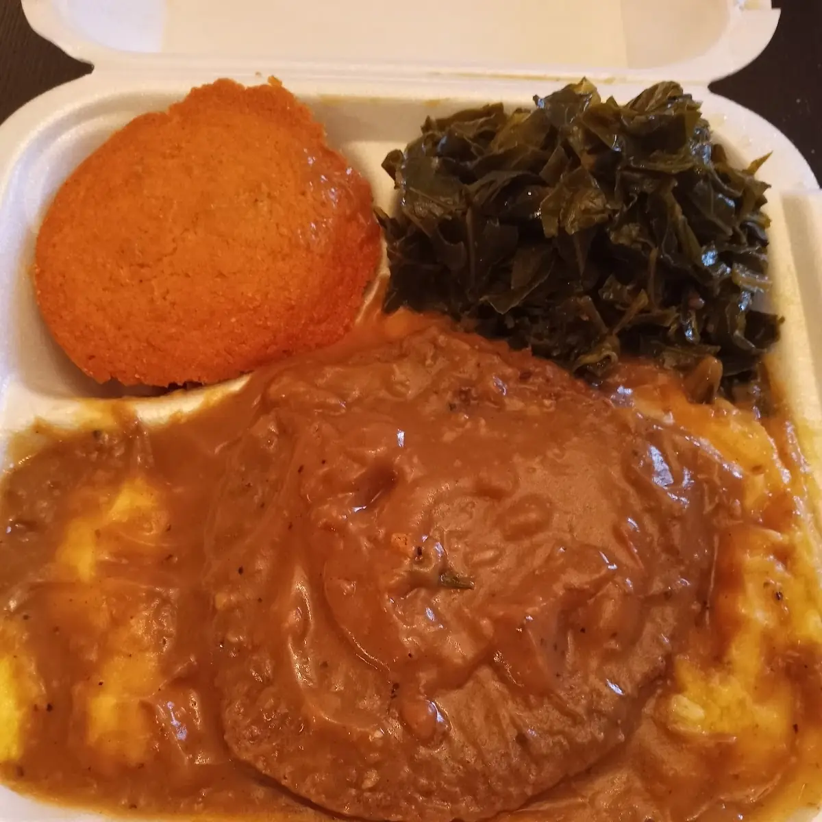 Hamburger Steak Mashed Potatoes with Gravy Collards Corn Bread