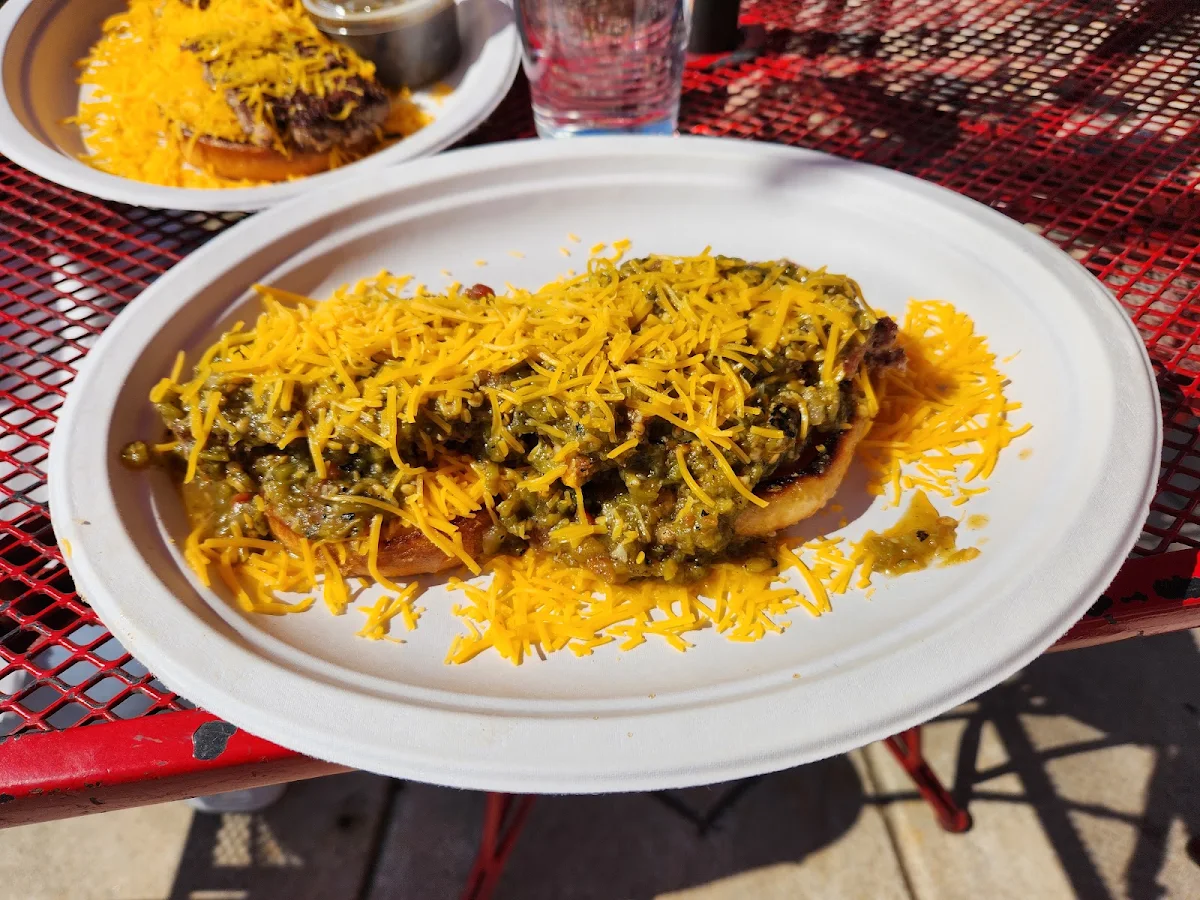 Open Faced Green Chilie Cheeseburger