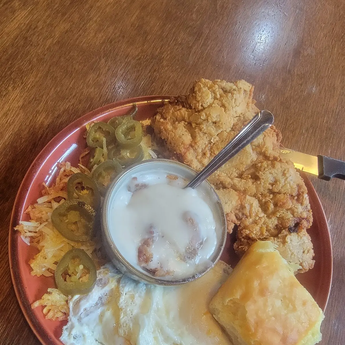 Chicken Fried Steak and Eggs with Biscuits and Gravy
