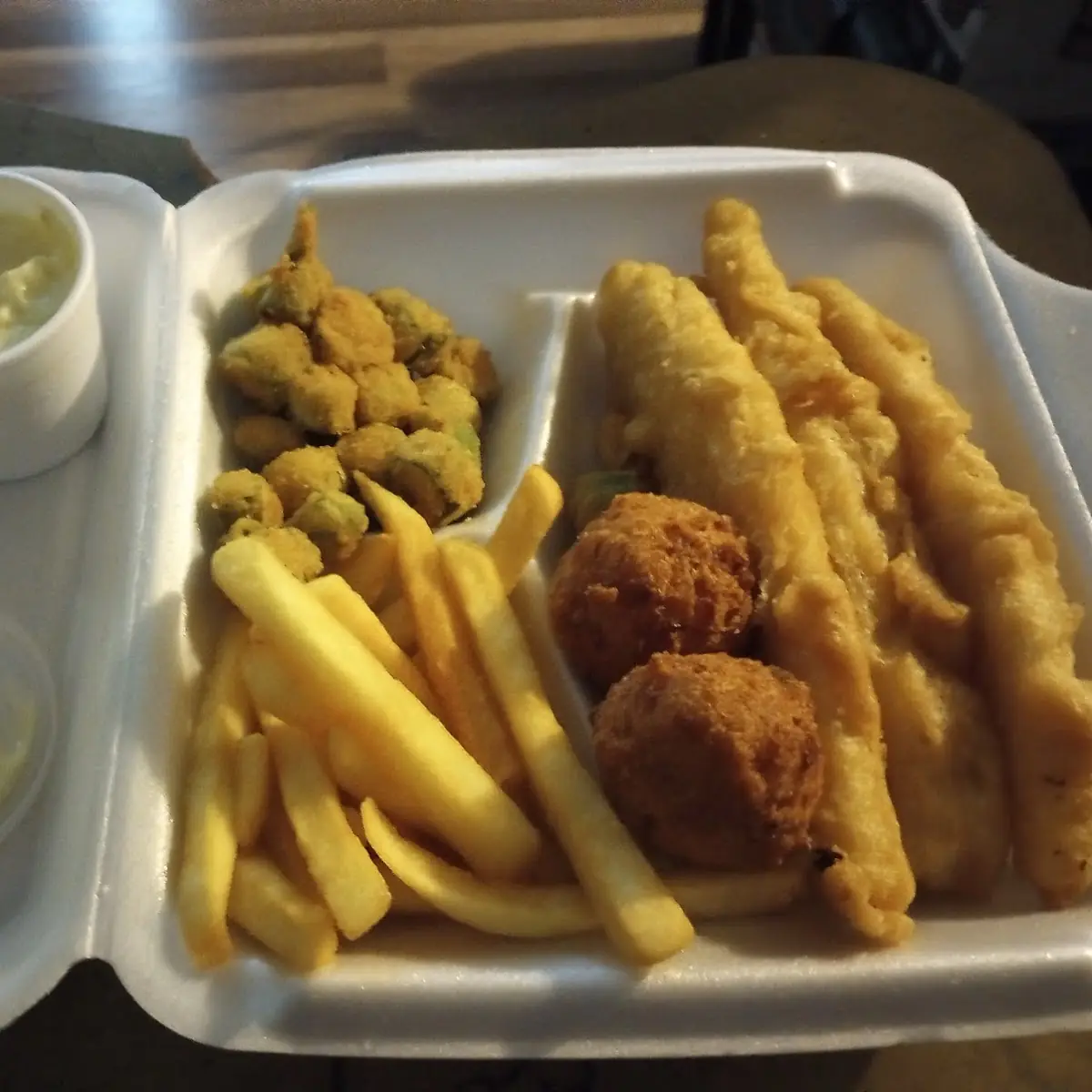 Three Piece Battered Fish with Okra and Fries