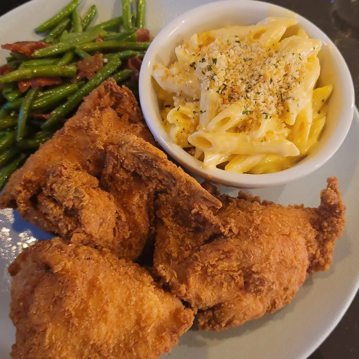 Fried Chicken Dinner with Green Beans and Macaroni and Cheese