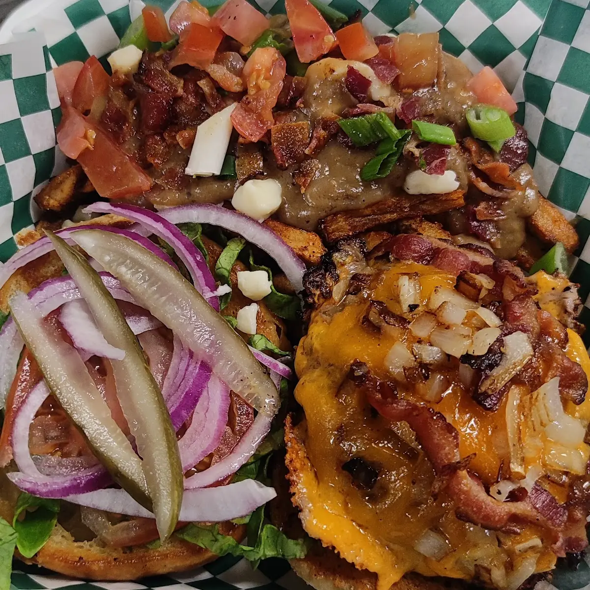 Spicy Crossroads Burger and Loaded Poutine