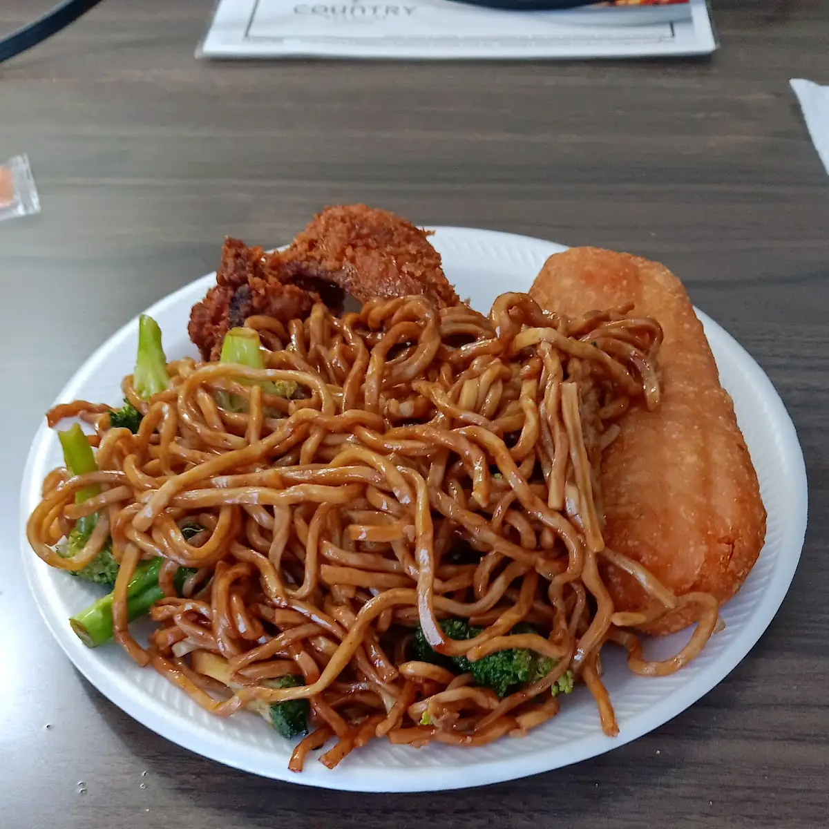 Lo Mein Noodles with Broccoli and Egg Roll