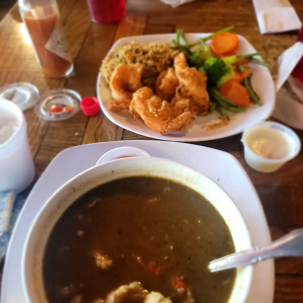Gumbo with 3 Egg Rolls